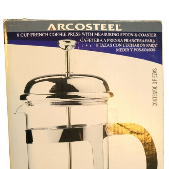 Arcosteel Coffee French Press Glass and Silver 8 Cup with Coaster DH638 - Picture 8 of 9